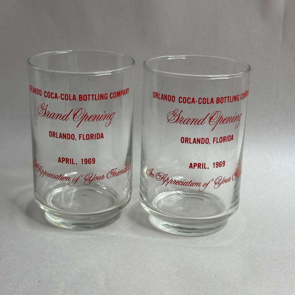 Vintage 1969 Orlando Coca-Cola Bottling Co Grand Opening Glasses Set of 2